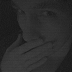 person in black/white dither with hand over their mouth